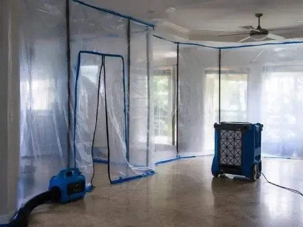 Poly sheeting containment with zipper door and air scrubber set up in a Florida home