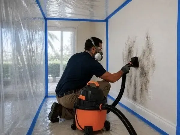 Technician in respirator and goggles removing mold from a wall inside containment barriers