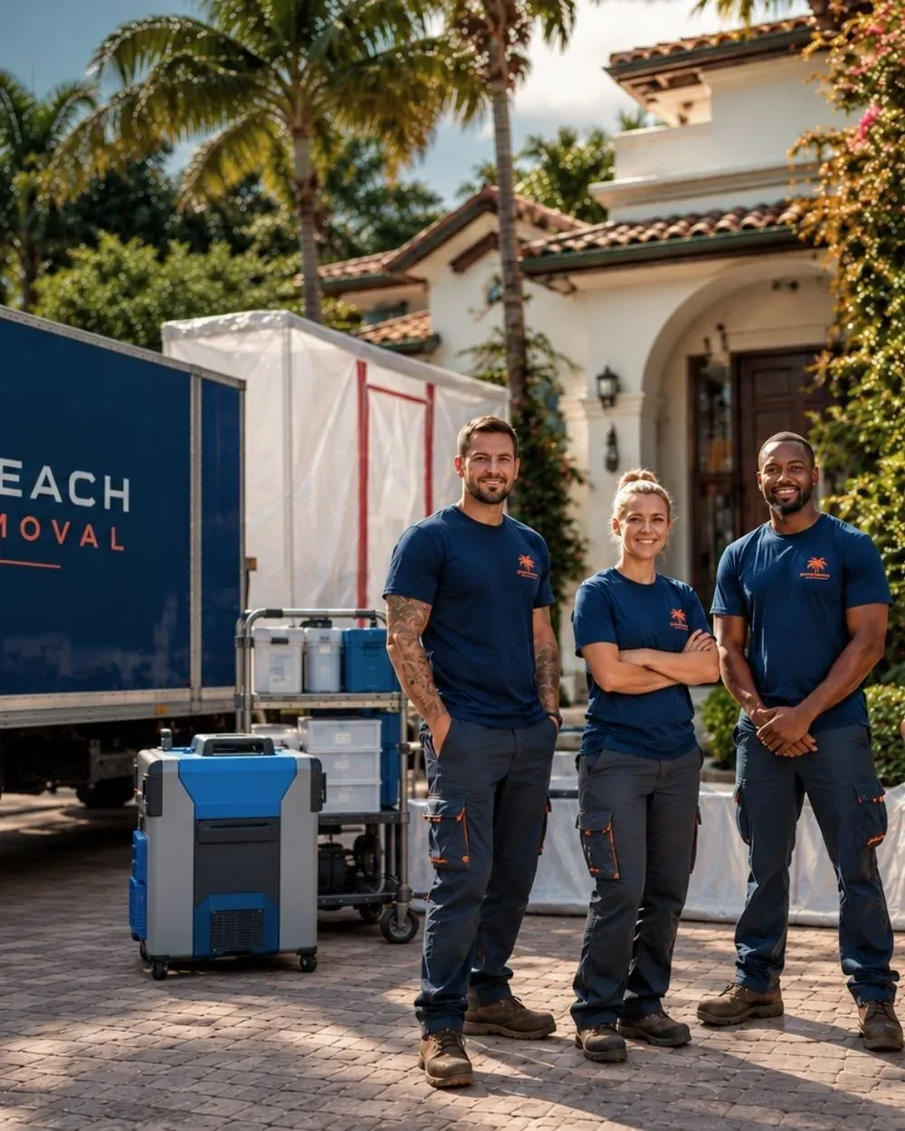 Palm Beach Mold Removal technicians with truck and equipment outside a West Palm Beach home